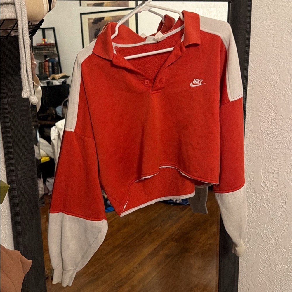 Vintage 90s Nike Red and White Cropped Polo Sweatshirt